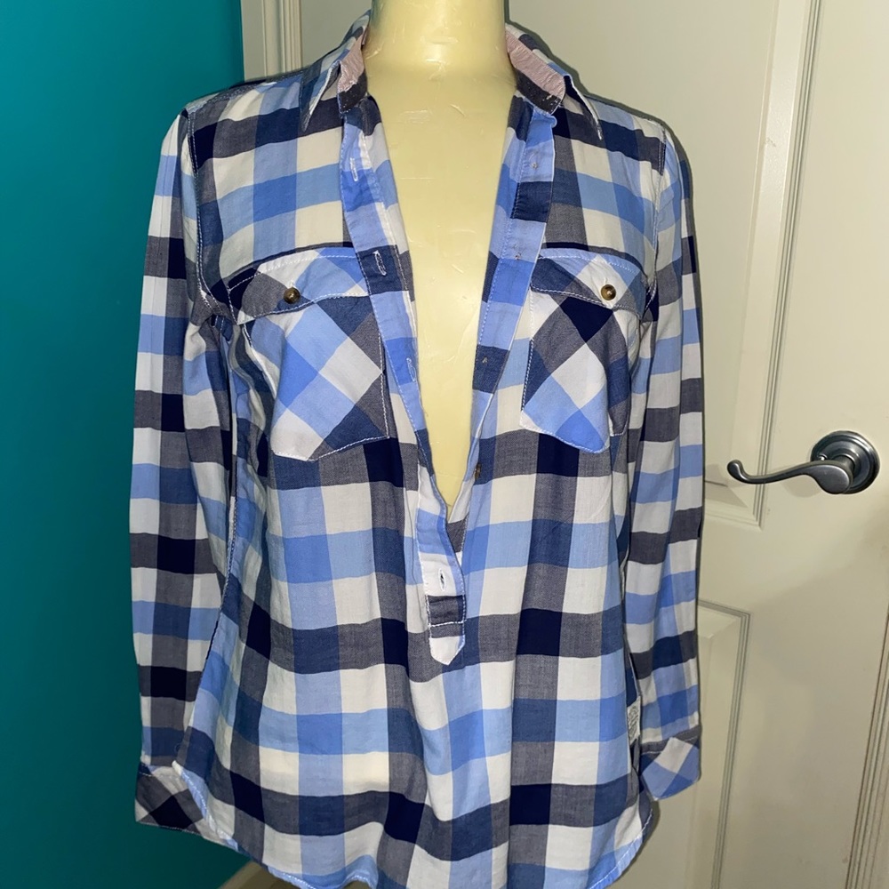 Blue and black plaid button down shirt